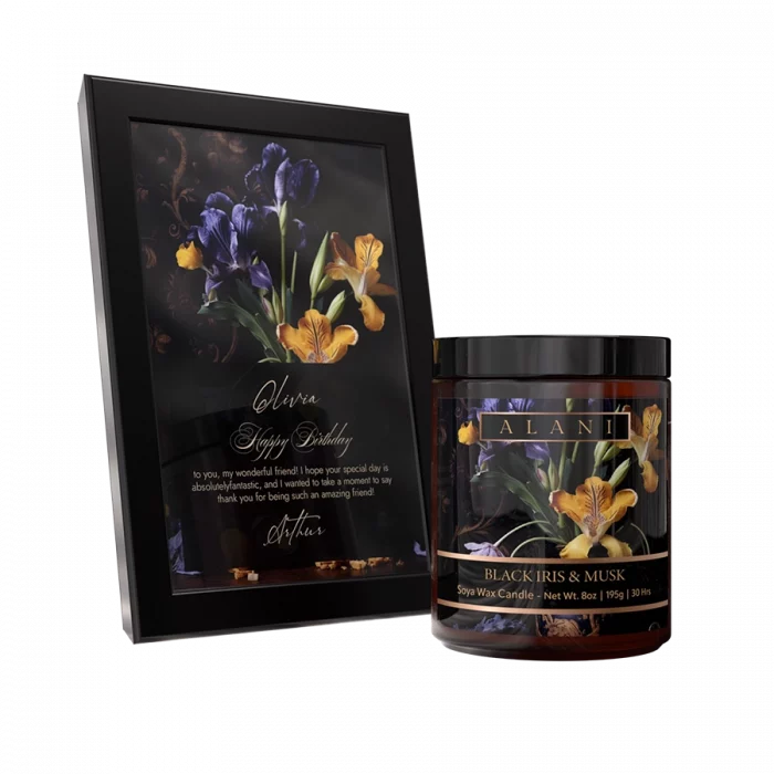 Alani Scented Candles Black Iris & Musk with frame