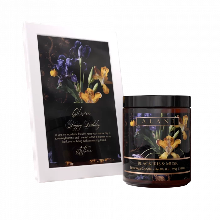 Alani Scented Candles Black Iris & Musk with white frame