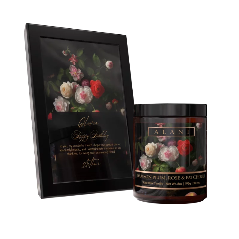 Alani Scented Candles Damson Plum, Rose & Patchouli​ with frame