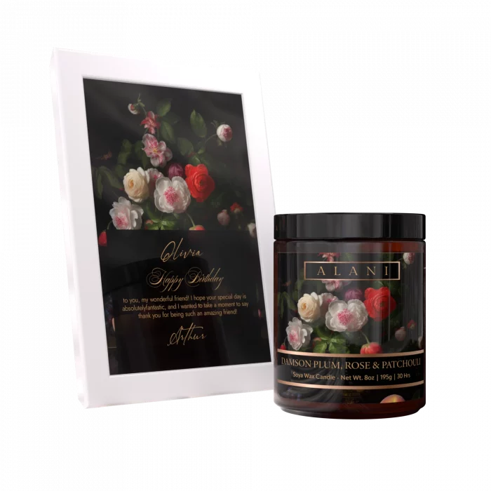 Alani Scented Candles Damson Plum, Rose & Patchouli​ with frame