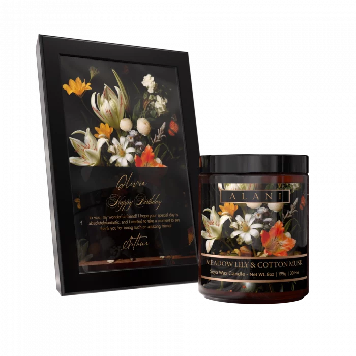 Alani Scented Candles Meadow Lily & Cotton Musk white frame black frame